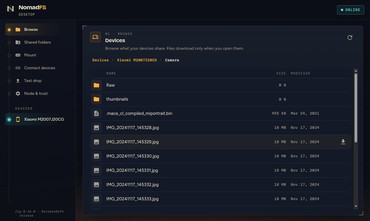 NomadFS on the Linux desktop: browsing a phone's Camera folder from the desktop, with name, size and modified columns