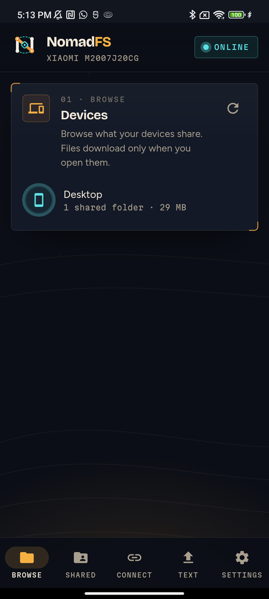NomadFS on an Android phone: the Browse section lists the desktop with one shared folder