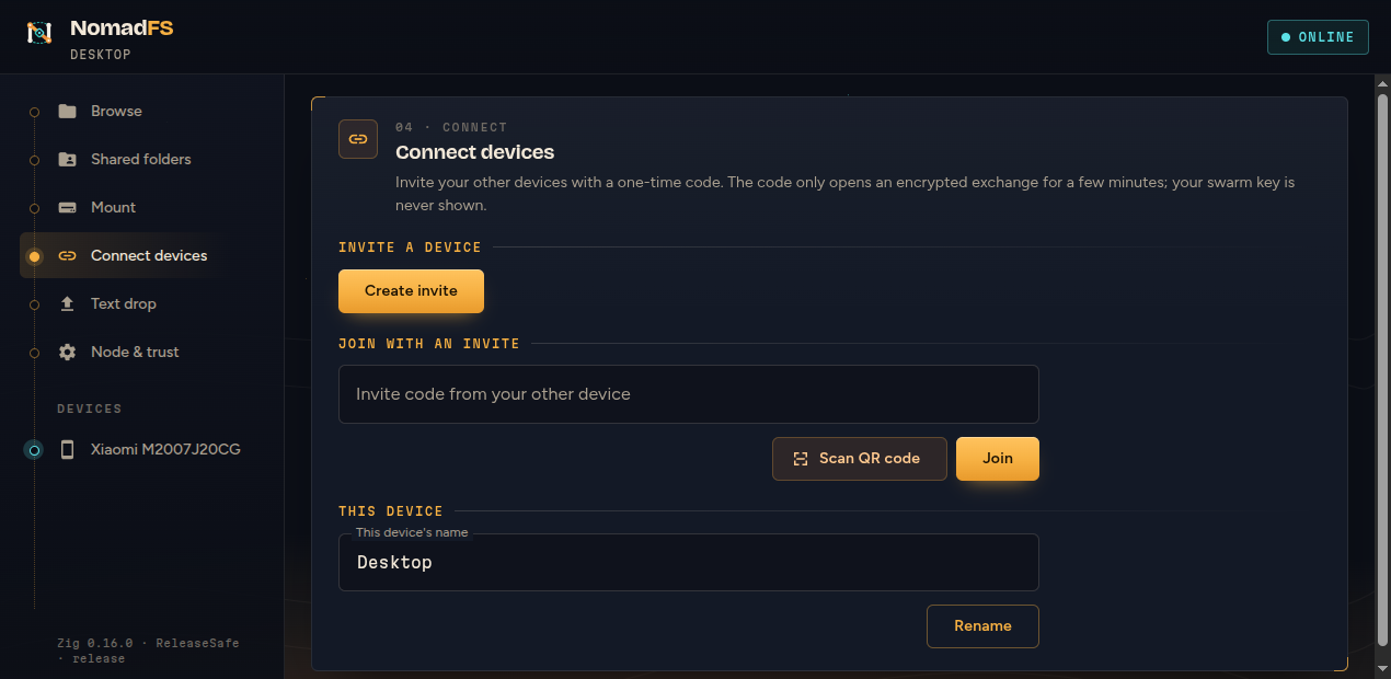 Connect devices on the desktop: create an invite, join with an invite code or scan a QR code, and rename this device