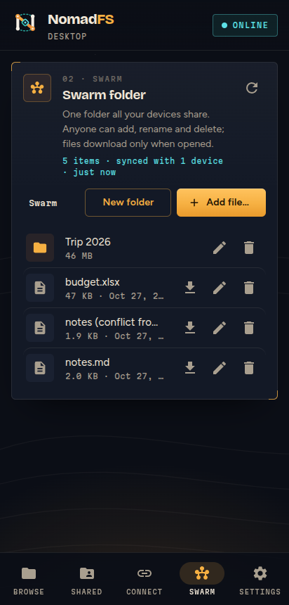 The swarm folder on a phone-sized window, with New folder and Add file